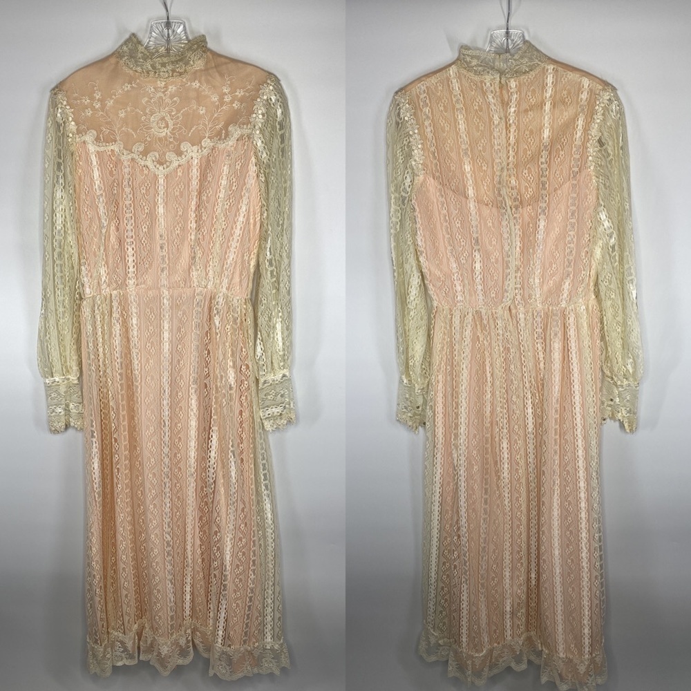 Vintage Alfred Angelo 60's Pink White Lace Long Sleeve High Neck Pioneer Dress - Picture 1 of 16